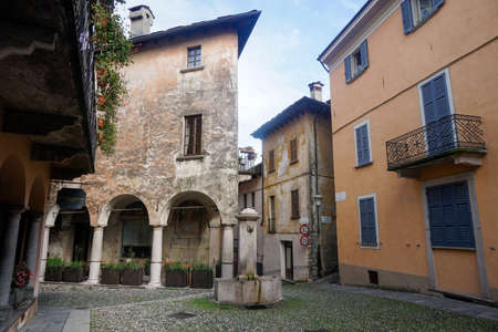 Small piaza at the end of Via Umberto I in Cannobio, Italyの写真素材