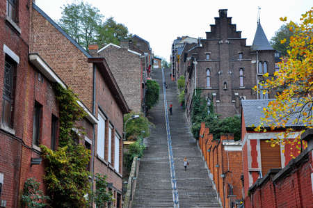 The stairway of the Montagne de Bueren view upwards from the city centerの写真素材
