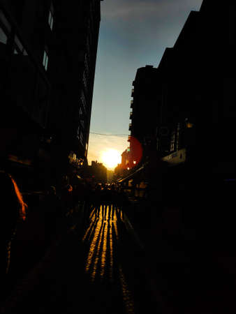 Sunset in the city of Liege, Belgium with high-rise buildings and tower blocksの写真素材