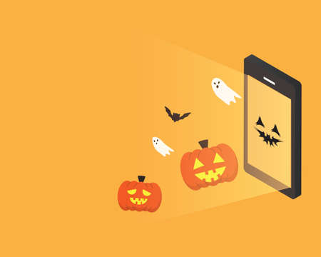 happy Halloween day banner with smartphone of pumpkin come outのイラスト素材
