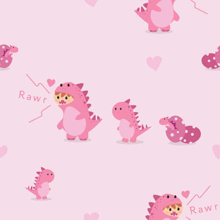 pink dino hatched from egg with another pink dinosaur walking fabric patternのイラスト素材