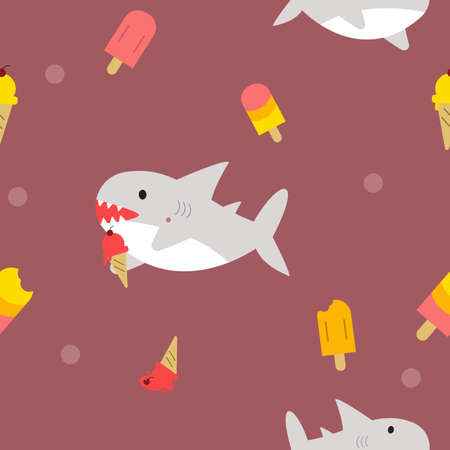 cute shark is eating ice cream fabric seamless cute patternのイラスト素材