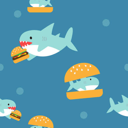 cute shark is eating burger fabric seamless cute patternのイラスト素材