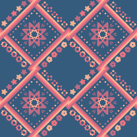 ethnic pattern with geometric seamless flower in blue background for fabric