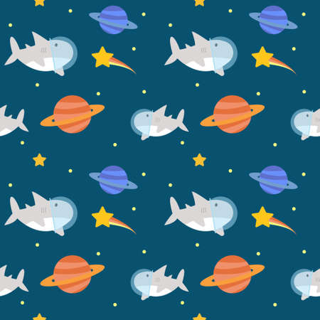 cute shark flying in the space with Saturn and star around fabric seamless cute patternのイラスト素材
