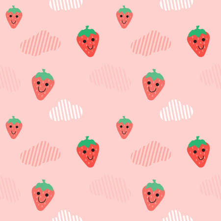 cute strawberry and cloud in pink background for fabric seamless patternのイラスト素材