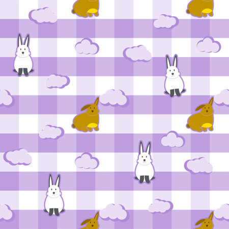 rabbit and cloud cute fabric seamless cute pattern in purple and white backgroundのイラスト素材