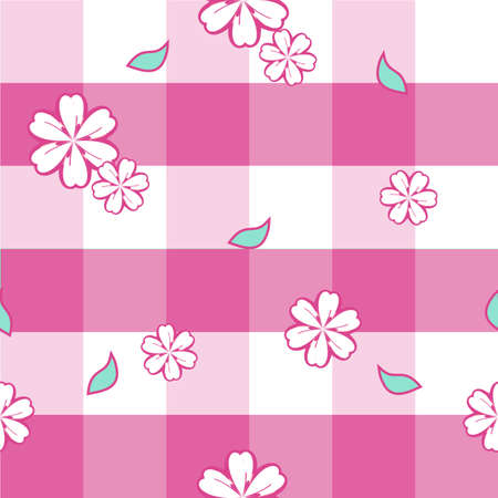 white cute flower seamless in pink check pattern for fabricのイラスト素材