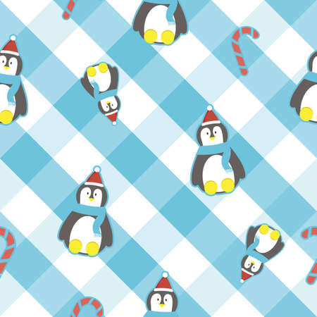 cute penguin in blue and white check pattern for print or fabricのイラスト素材