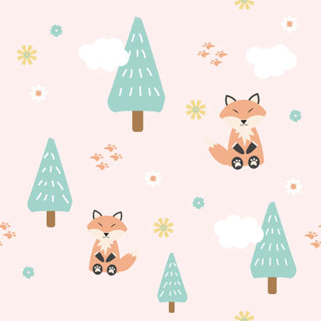 cute fox in pastel sweet color in the forest seamless pattern for print or fabricのイラスト素材