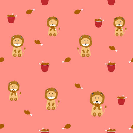 cute lion eating yummy chicken in pink background seamless pattern for print or fabricのイラスト素材