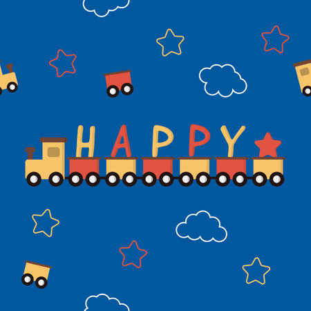 cute train with happy word in blue background seamless pattern to print for fabricのイラスト素材
