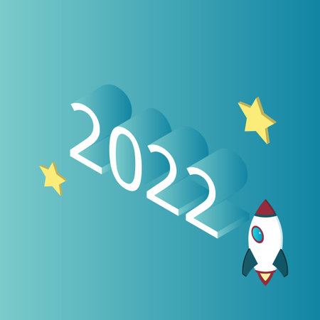 isometric for new year card for 2022 with rocket