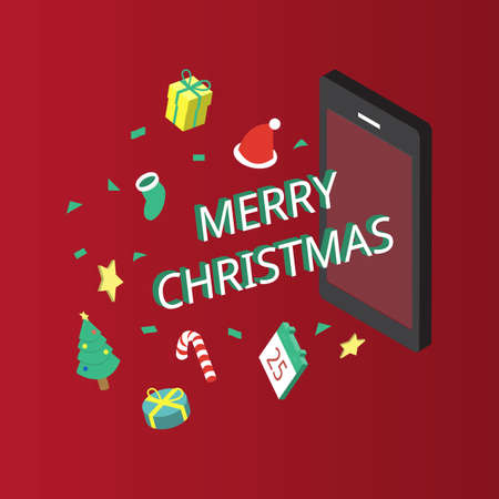Merry Christmas banner with Christmas accessories from smartphone in red backgroundのイラスト素材