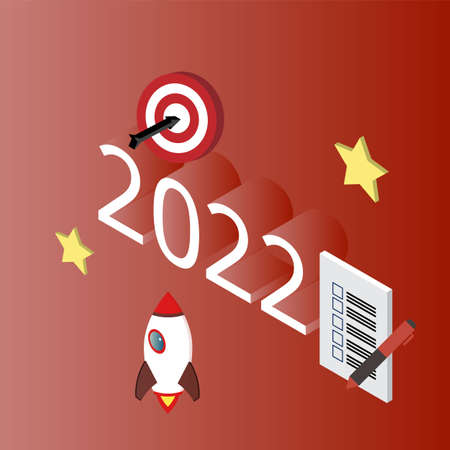 isometric for new year resolution for 2022 with rocket and goal of next yearのイラスト素材