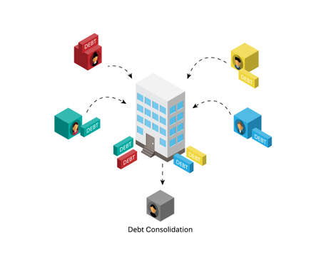 Debt consolidation is a sensible financial strategy to merge multiple bills into a single debt that is paid off with a debt management planのイラスト素材