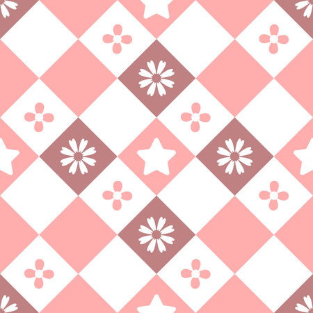 check pattern with flower and star seamless background for fabric patternのイラスト素材