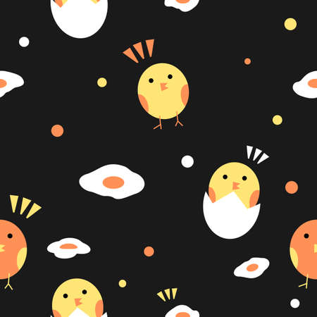 cute chick and fried egg seamless pattern in black background for fabric printのイラスト素材