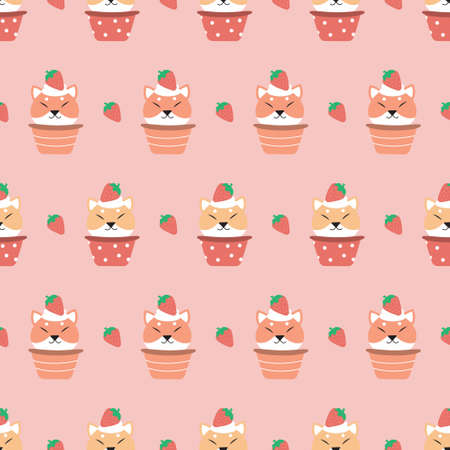 cute chiba dog with cupcake and strawberry seamless patternのイラスト素材
