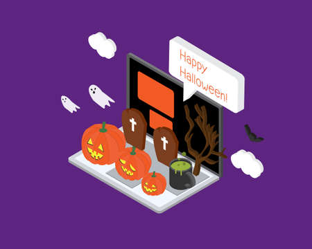 happy Halloween day banner with night theme of pumpkin with isometric laptopのイラスト素材