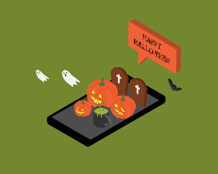 happy Halloween day banner with night theme of pumpkin with isometric mobile