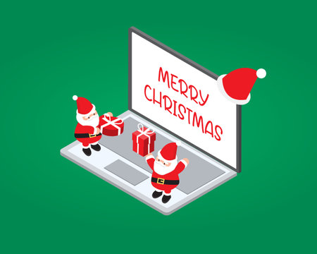 isometric Christmas banner template with Santa with laptopのイラスト素材