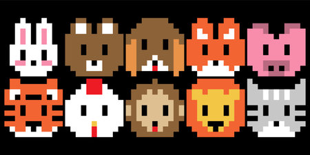 cute animal head set of pixel