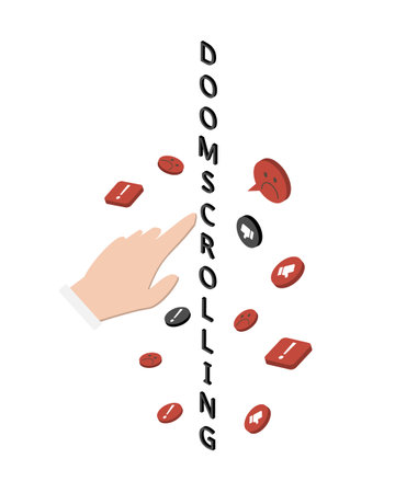 Doomscrolling or doomsurfing is the act of spending an excessive amount of screen time devoted to the absorption of negative newsのイラスト素材