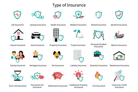Different Types Of Insurance Policies And Coverage to provide financial coverage for unexpected situationのイラスト素材