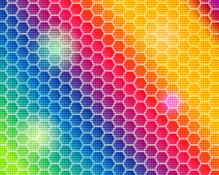 rainbow futuristic laser hive in hexagon shape network light with dot abstract technology backgroundの写真素材