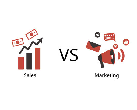 sales compare to marketing, which sales close deals and generate revenue, marketing encompasses a broader set of activities to create awareness, generate leads, and build customerのイラスト素材