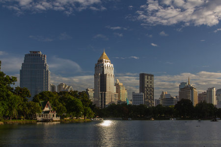 A view of the city from a Lumphini Park in Bangkok, Thailand.