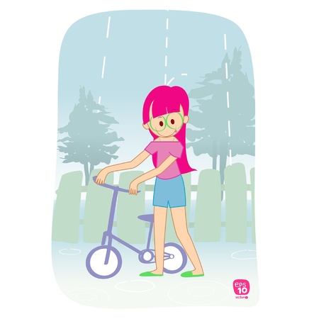 girls and bike in the rain のイラスト素材