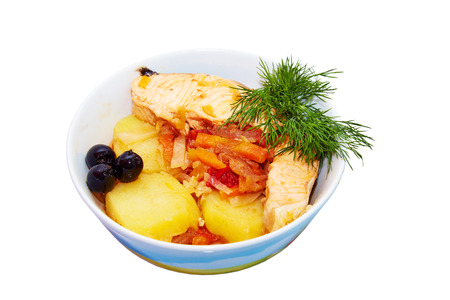 stewed fish dish on a white background.の写真素材