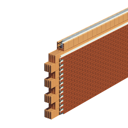 fragment of a brick wall with warming and a beam. detailed scheme. 3D illustration.の写真素材