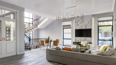 Modern bright living room in gray tones 3d Illustration.の写真素材