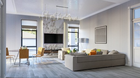 Modern bright living room in gray tones 3d Illustration.の写真素材