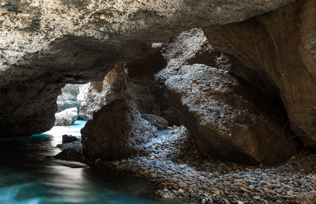 Panorama of the underground lake in a cave of bright blue color.の写真素材