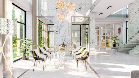 3d illustration of a modern private house on a sunny day. Interior living room - studioの写真素材