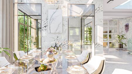 3d illustration of a modern private house on a sunny day. Interior living room - studioの写真素材