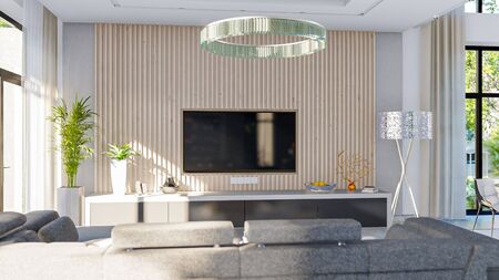 3d illustration of a modern private house on a sunny day. Interior living room - studioの写真素材