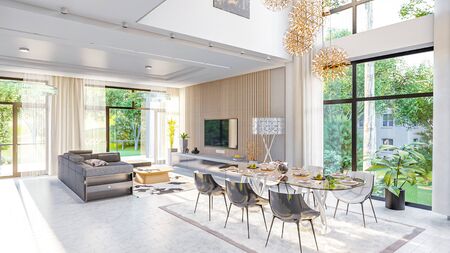 3d illustration of a modern private house on a sunny day. Interior living room - studioの写真素材