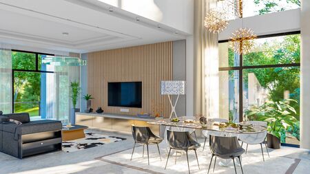 3d illustration of a modern private house on a sunny day. Interior living room - studioの写真素材
