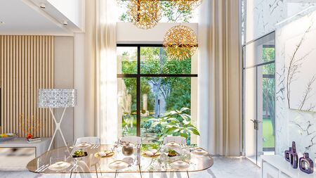 3d illustration of a modern private house on a sunny day. Interior living room - studioの写真素材