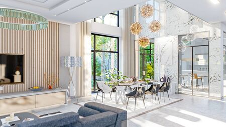 3d illustration of a modern private house on a sunny day. Interior living room - studioの写真素材