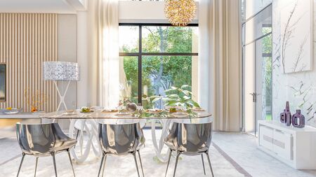 3d illustration of a modern private house on a sunny day. Interior living room - studioの写真素材