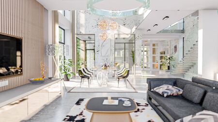 3d illustration of a modern private house on a sunny day. Interior living room - studioの写真素材