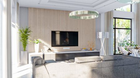 3d illustration of a modern private house on a sunny day. Interior living room - studioの写真素材
