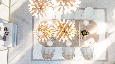 3d illustration of a modern private house on a sunny day. Interior living room - studioの写真素材