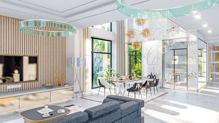 3d illustration of a modern private house on a sunny day. Interior living room - studioの写真素材